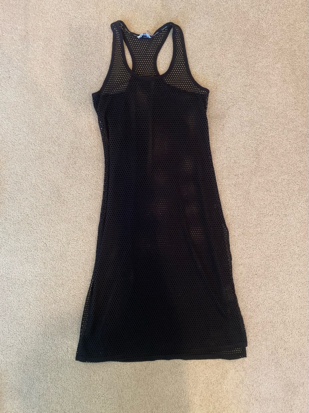 Calvin Klein Black Sheer Mesh Racerback Tank Dress Scoop Neck Knee Length S/M